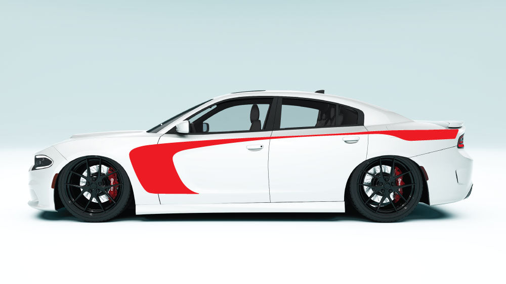 Side Scallop Outer Edge Stripes for Dodge Charger - red decals on white car