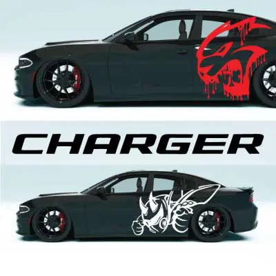 Vehicle specific Dodge Charger decals featuring hood, side, and rocker panel vinyl graphics precision-cut for factory body lines and OEM style fit.