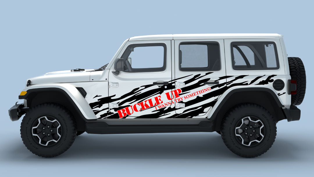 Black Buckle Up Ripped Side Decals with Red text on Gray Wrangler JL