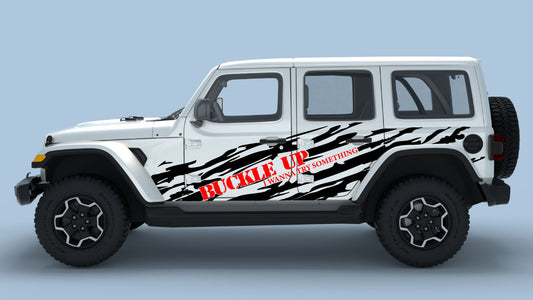 Black Buckle Up Ripped Side Decals with Red text on Gray Wrangler JL