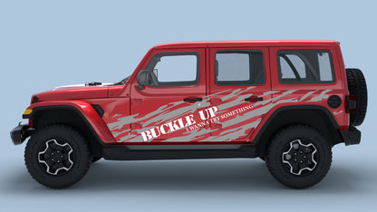 Gray Buckle Up Ripped Side Decals with white text on red Wrangler JL