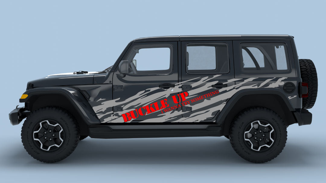 gray Buckle Up Ripped Side Decals with Red text on black Wrangler JL