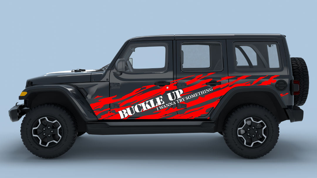 red Buckle Up Ripped Side Decals with white text on black Wrangler JL