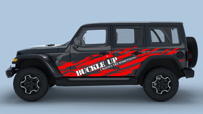 red Buckle Up Ripped Side Decals with white text on black Wrangler JL
