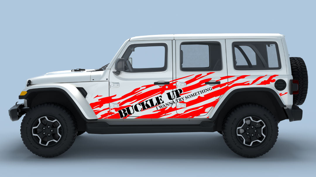 red Buckle Up Ripped Side Decals with black text on white Wrangler JL