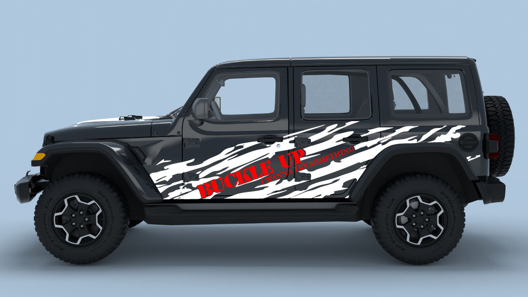 white Buckle Up Ripped Side Decals with Red text on black Wrangler JL