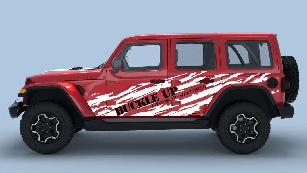 white Buckle Up Ripped Side Decals with black text on red Wrangler JL