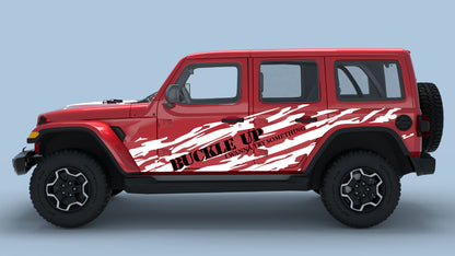 white Buckle Up Ripped Side Decals with black text on red Wrangler JL