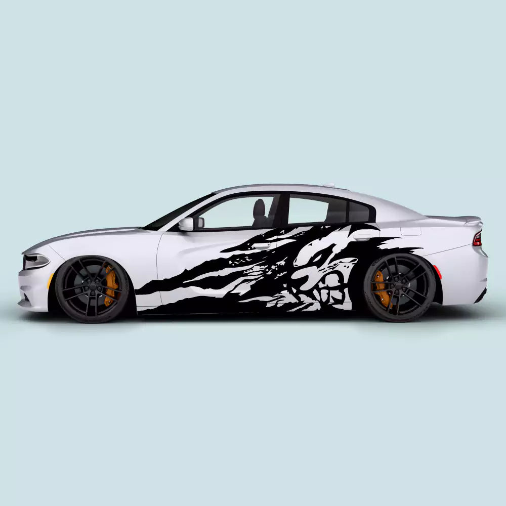 Black Hellcat face claw side decals for Dodge Charger 2011-2023 driver and passenger door graphics