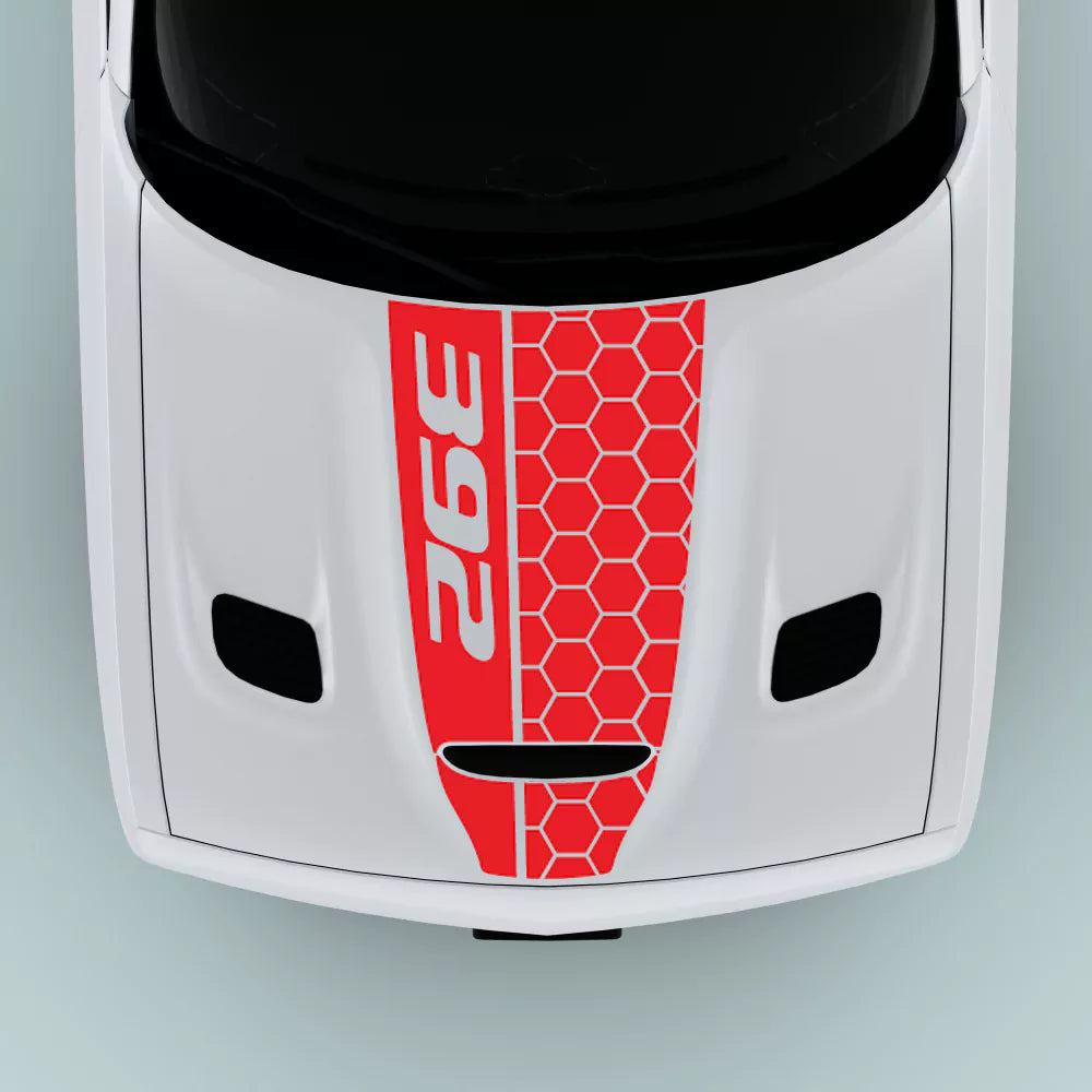 Red 392 Honey Comb Style hood decal for 2015-2023 Dodge Challenger