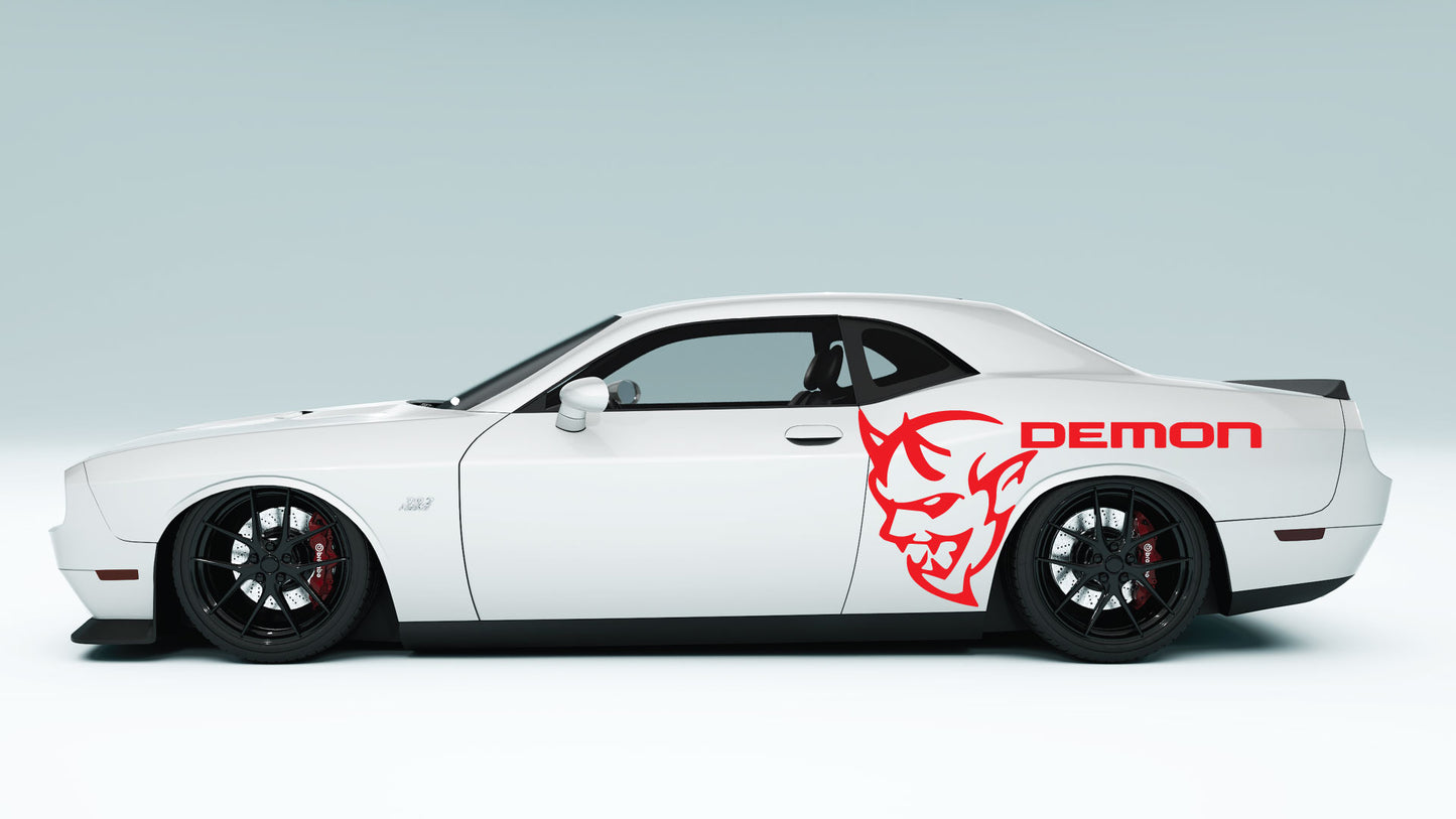 Dodge Challenger Demon Face & Text Side Decals, Stickers & Graphics.