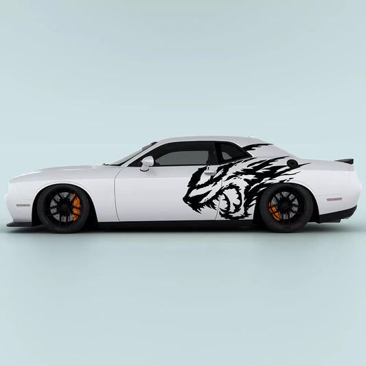 Black Hellcat Style Head Side Decals on Dodge Challenger 2015-2023 driver and passenger side doors