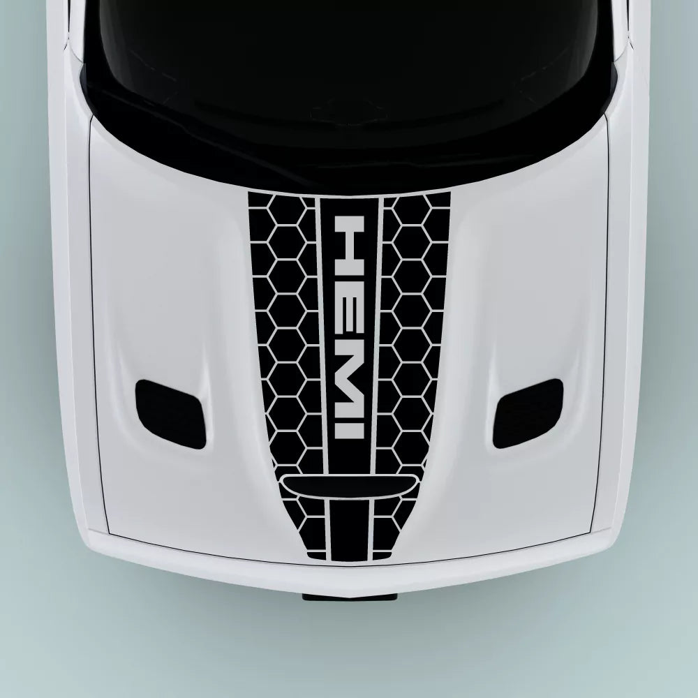 Black Hemi Text Honey Comb Style hood decal on 2015-2023 Dodge Challenger