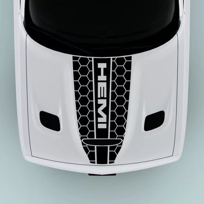 Black Hemi Text Honey Comb Style hood decal on 2015-2023 Dodge Challenger