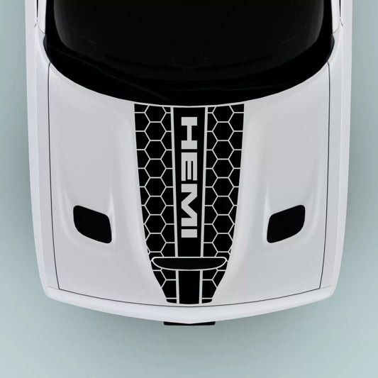 Black Hemi Text Honey Comb Style hood decal on 2015-2023 Dodge Challenger