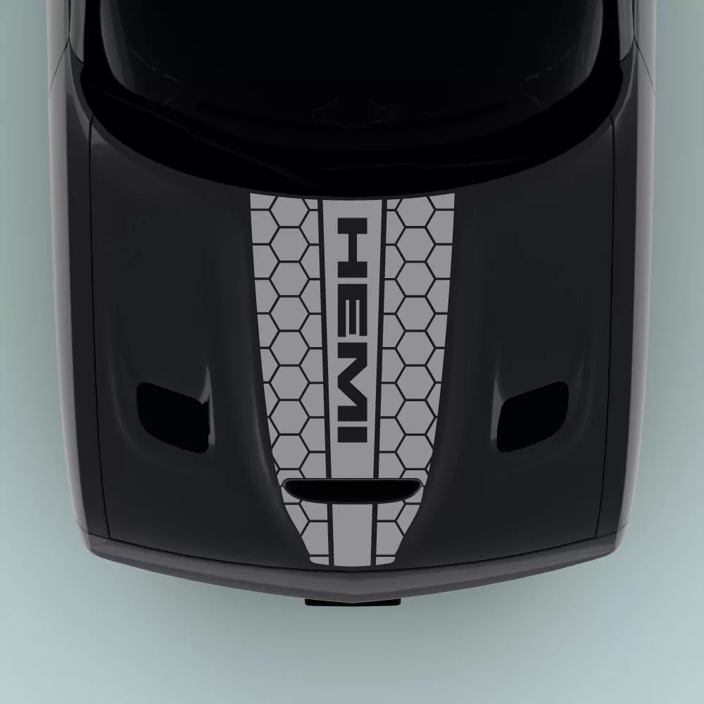 Gray Hemi Text Honey Comb Style hood decal for 2015-2023 Dodge Challenger hood