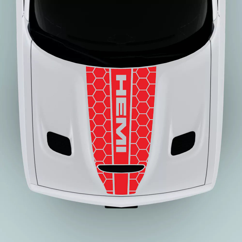 Red Hemi Text Honey Comb Style hood decal for 2015-2023 Dodge Challenger hood