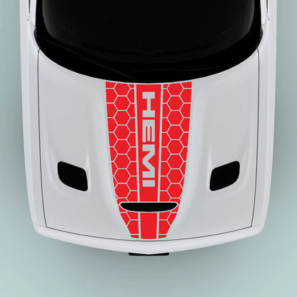 Red Hemi Text Honey Comb Style hood decal for 2015-2023 Dodge Challenger hood