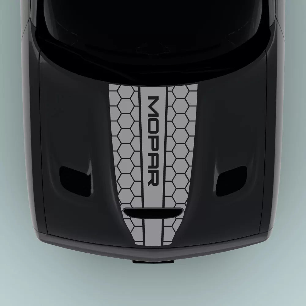 2015-2023 Dodge Challenger Mopar Text Honey Comb Style hood decal in gray