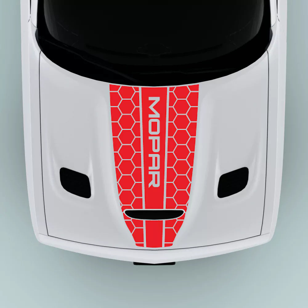 2015-2023 Dodge Challenger Mopar Text Honey Comb Style hood decal in red