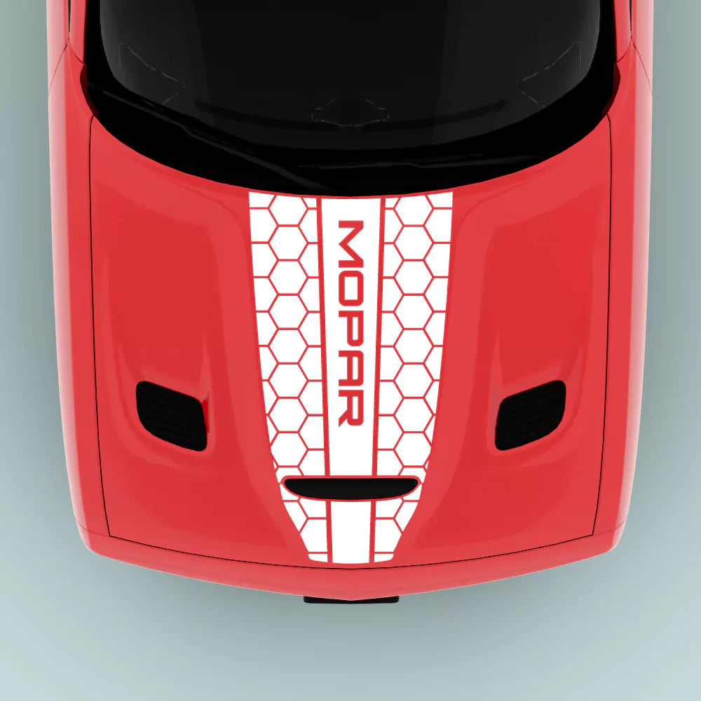 2015-2023 Dodge Challenger Mopar Text Honey Comb Style hood decal in white