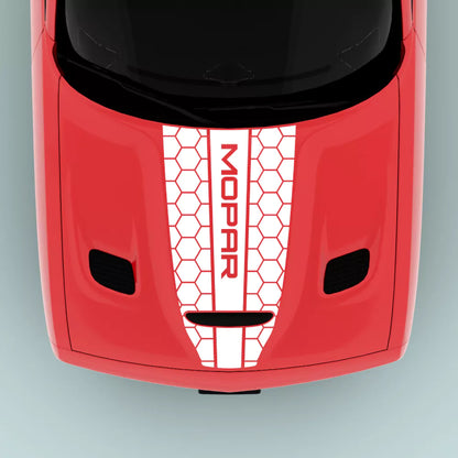 2015-2023 Dodge Challenger Mopar Text Honey Comb Style hood decal in white