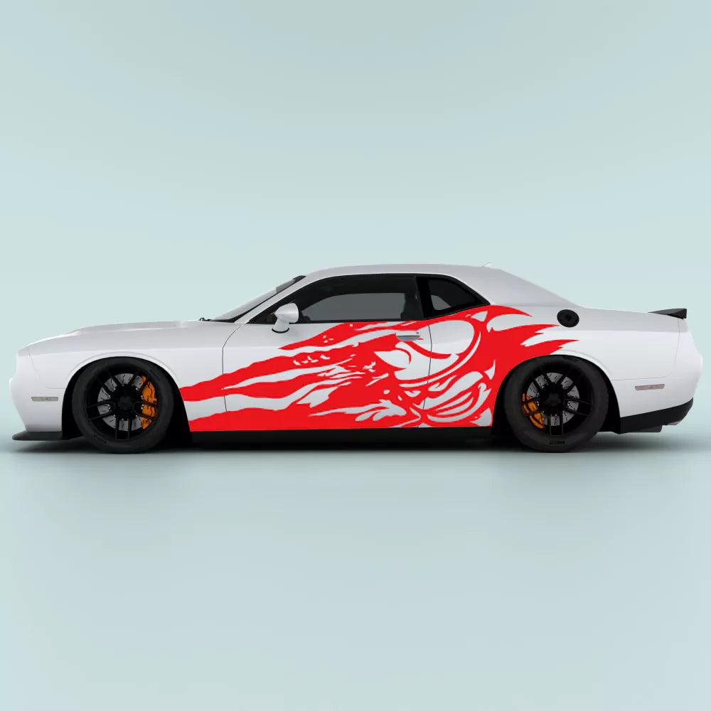 Red Dodge Challenger Scat Pack Shred side decal on 2015-2023 Challenger side panel