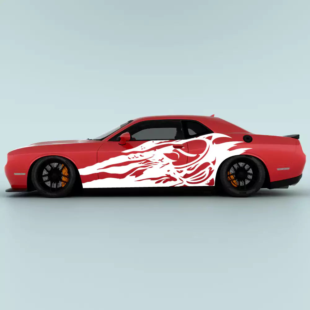 White Dodge Challenger Scat Pack Shred side decal on 2015-2023 Challenger side panel