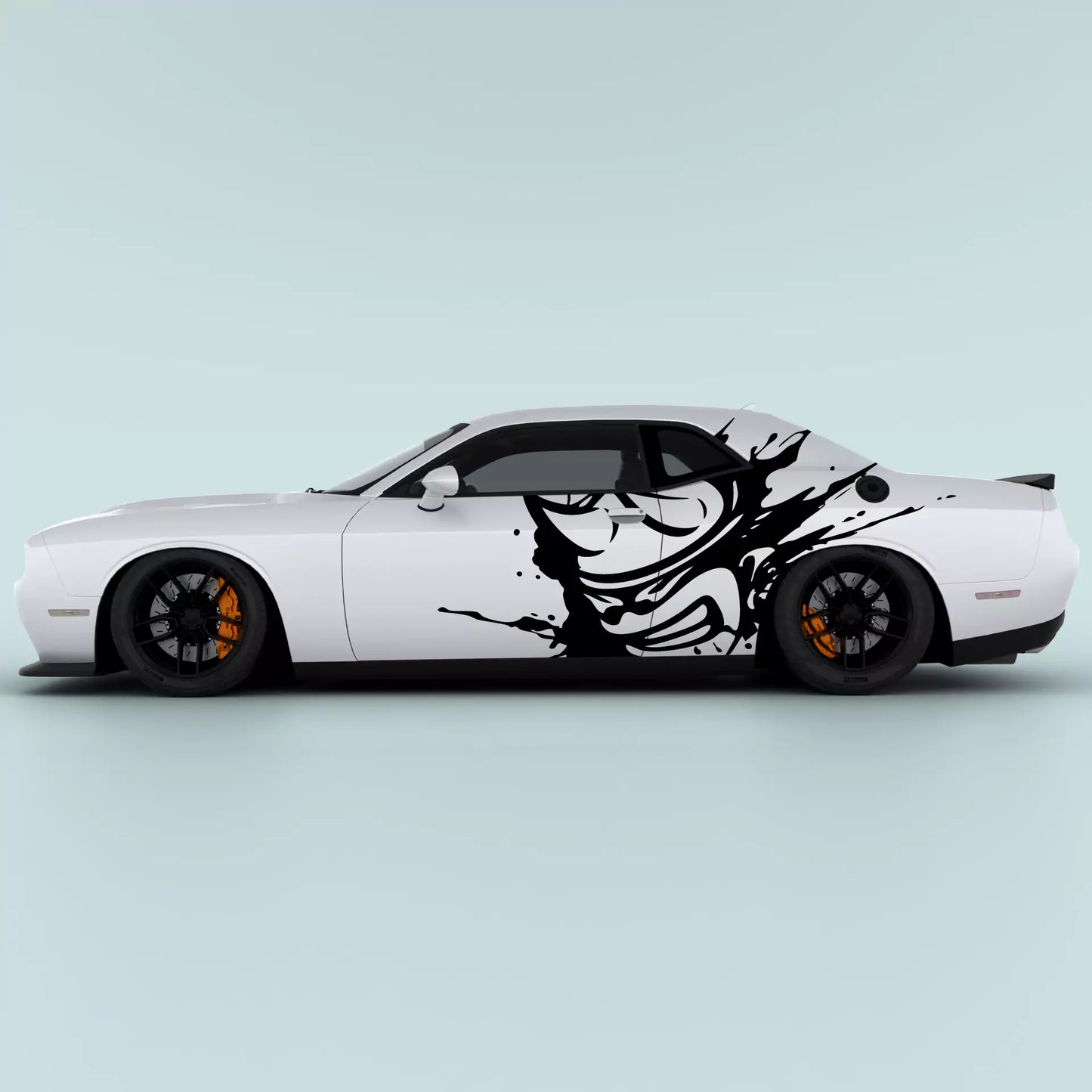 Black 2015-2023 Dodge Challenger Scat Pack Mud Splash Side Decals installed on side panel