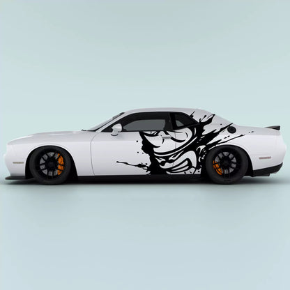 Black 2015-2023 Dodge Challenger Scat Pack Mud Splash Side Decals installed on side panel