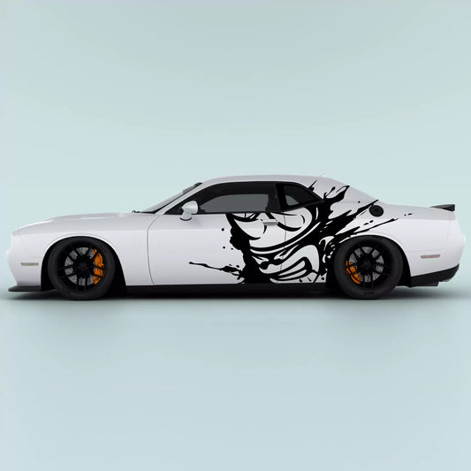 Black 2015-2023 Dodge Challenger Scat Pack Mud Splash Side Decals installed on side panel