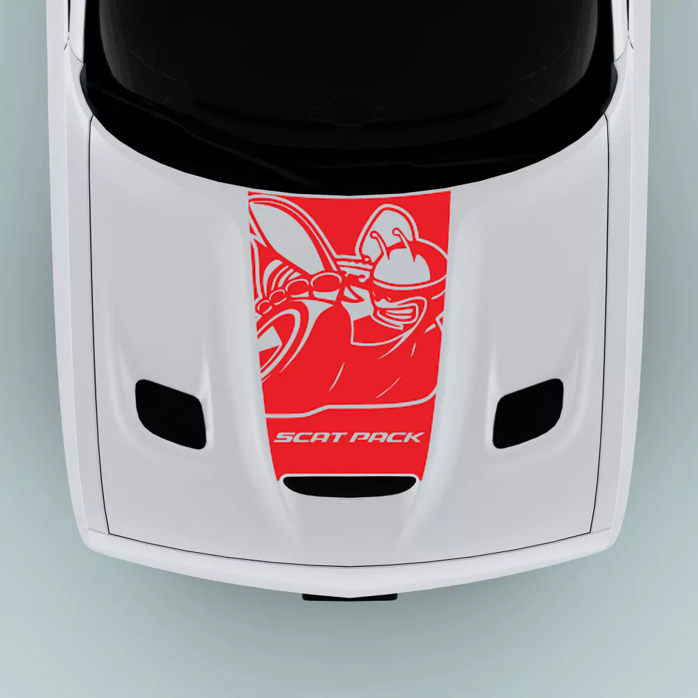 Red Scat Pack Bee Text hood decal for 2015-2023 Dodge Challenger hood