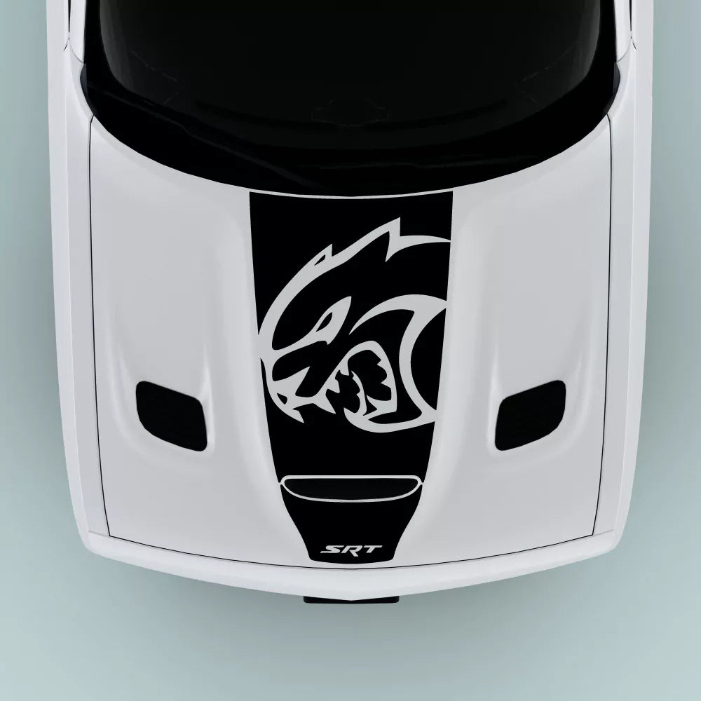 Black SRT Hellcat Head hood decal for 2015-2023 Dodge Challenger with SRT text center hood graphic
