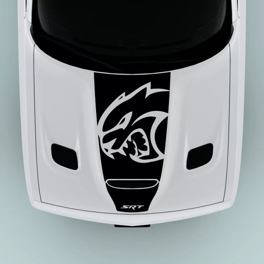 Black SRT Hellcat Head hood decal for 2015-2023 Dodge Challenger with SRT text center hood graphic