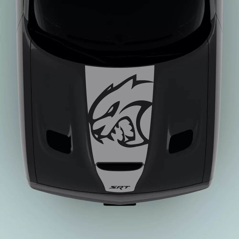 Gray SRT Hellcat Head hood decal for 2015-2023 Dodge Challenger with SRT text center hood graphic