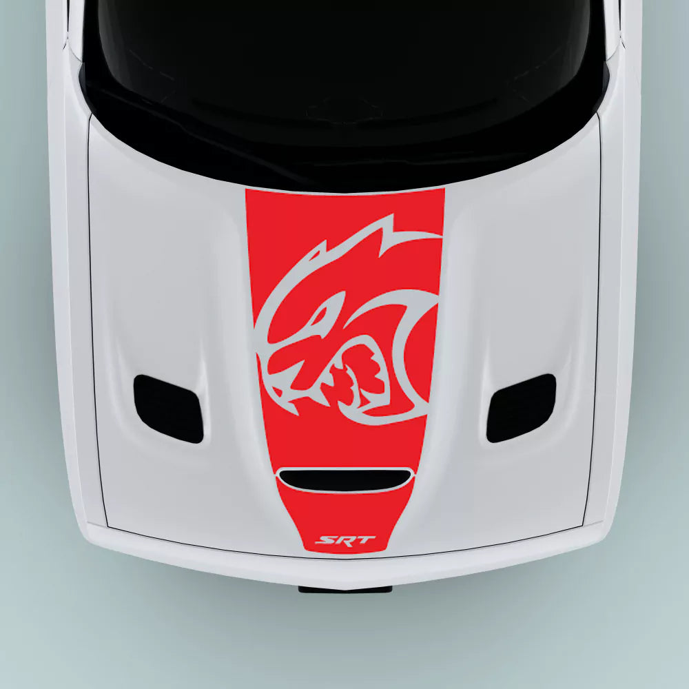 Red SRT Hellcat Head hood decal for 2015-2023 Dodge Challenger with SRT text center hood graphic