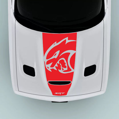 Red SRT Hellcat Head hood decal for 2015-2023 Dodge Challenger with SRT text center hood graphic