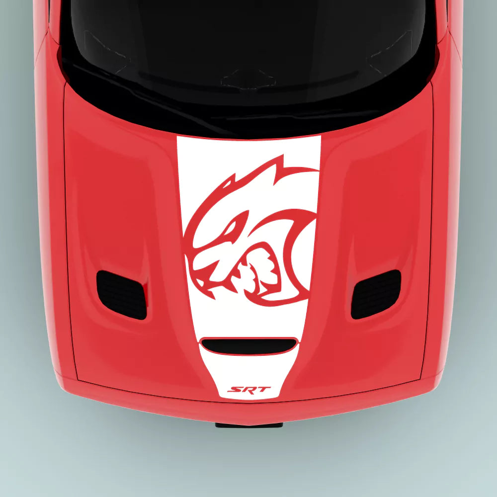 White SRT Hellcat Head hood decal for 2015-2023 Dodge Challenger with SRT text center hood graphic