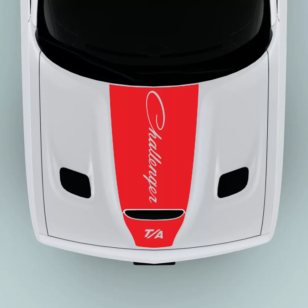Red 2015-2023 Dodge Challenger T/A text center hood decal installed on hood