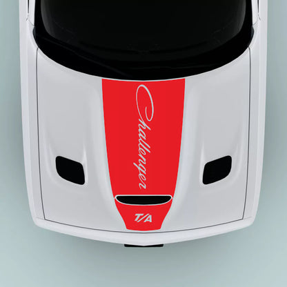 Red 2015-2023 Dodge Challenger T/A text center hood decal installed on hood