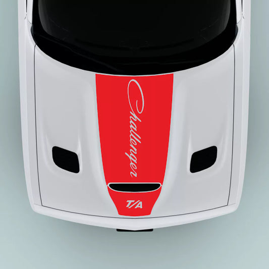 Red 2015-2023 Dodge Challenger T/A text center hood decal installed on hood