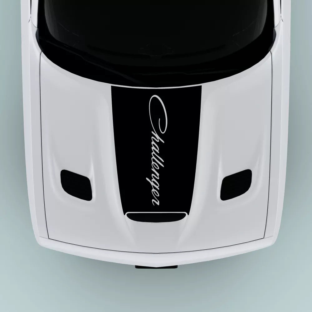 Black 2015-2023 Dodge Challenger text hood decal installed on hood