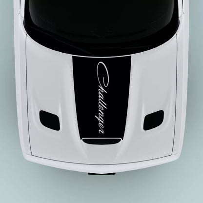 Black 2015-2023 Dodge Challenger text hood decal installed on hood