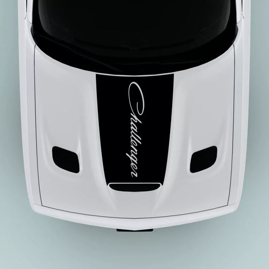 Black 2015-2023 Dodge Challenger text hood decal installed on hood