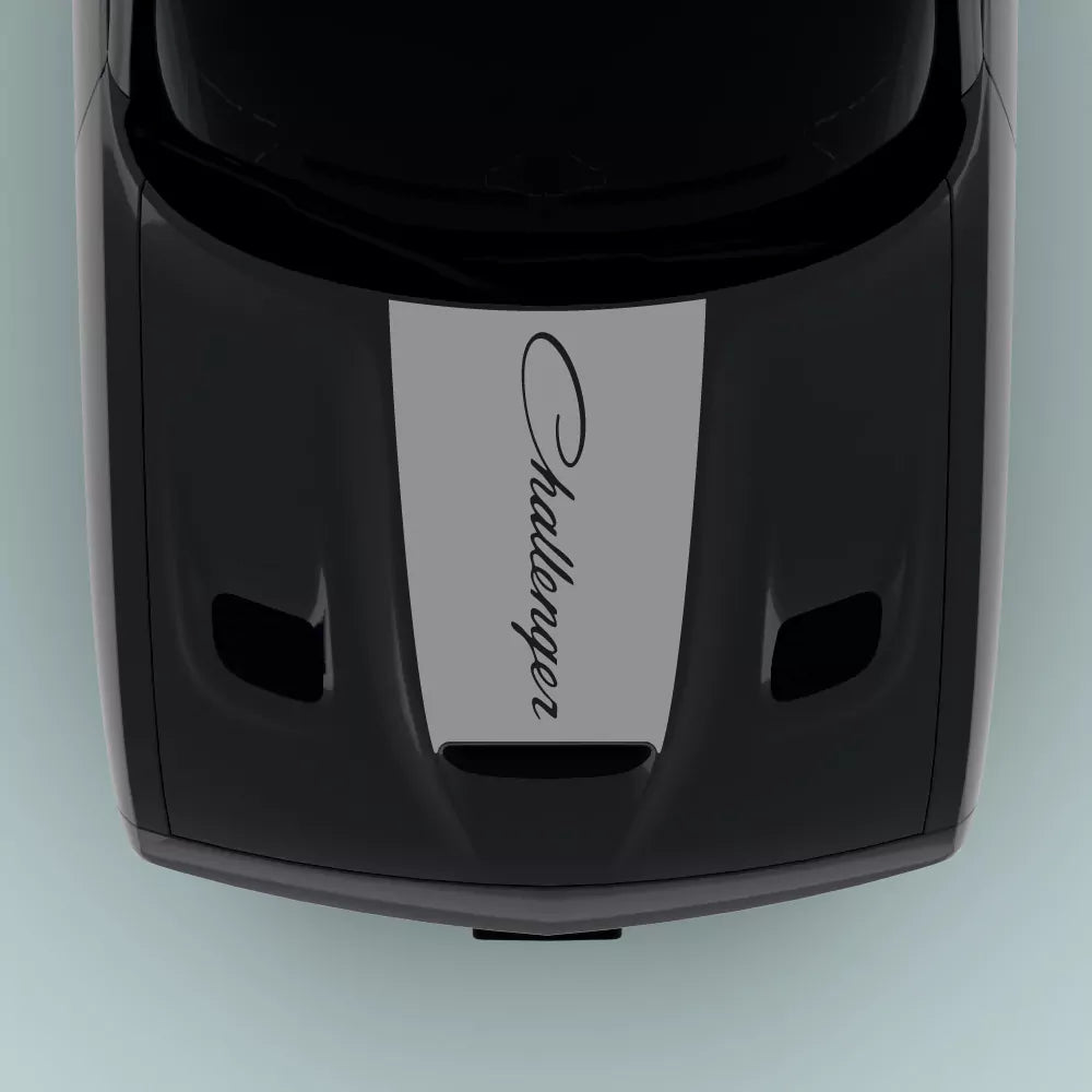 Gray 2015-2023 Dodge Challenger text hood decal installed on hood