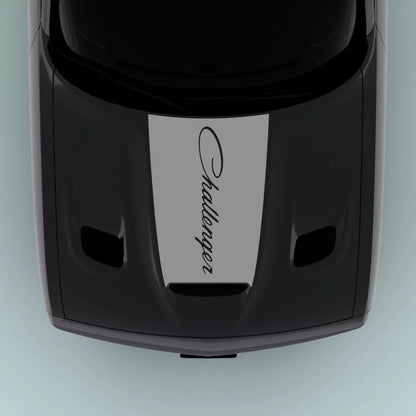 Gray 2015-2023 Dodge Challenger text hood decal installed on hood