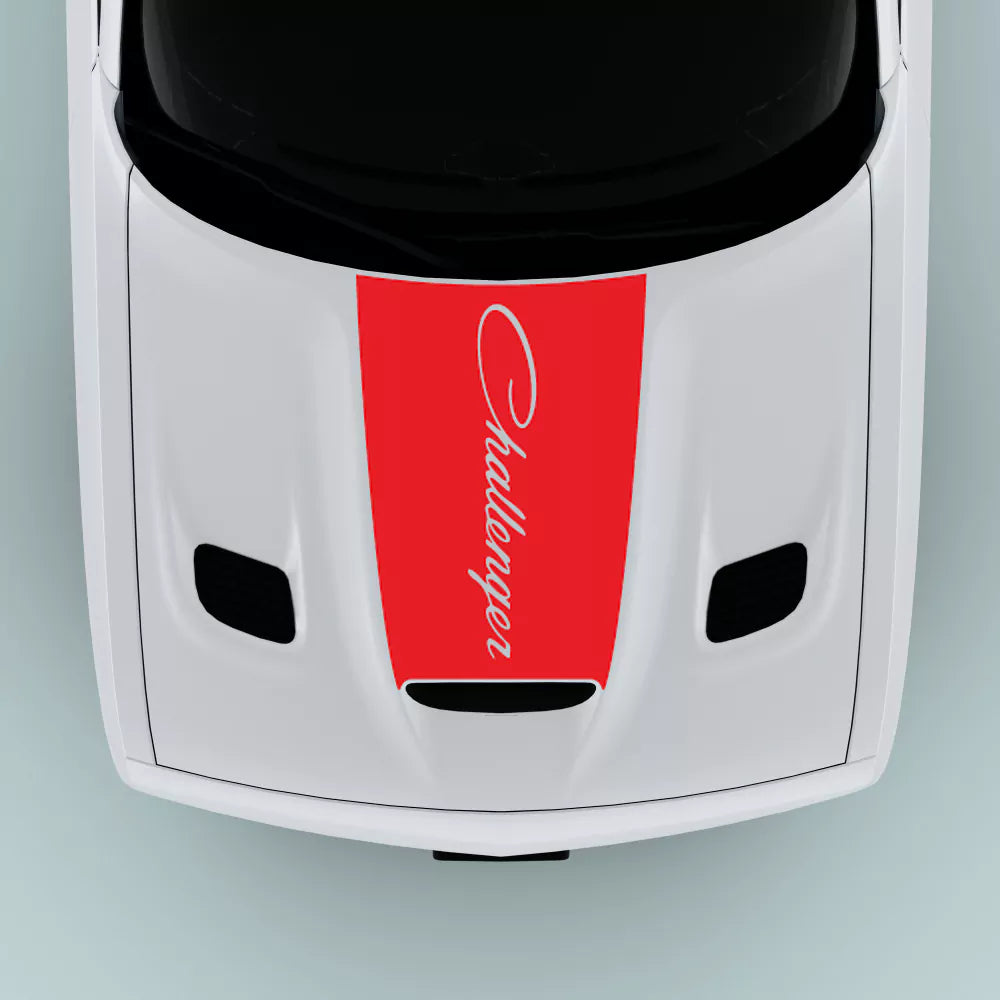 Red 2015-2023 Dodge Challenger text hood decal installed on hood