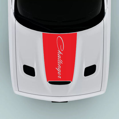 Red 2015-2023 Dodge Challenger text hood decal installed on hood