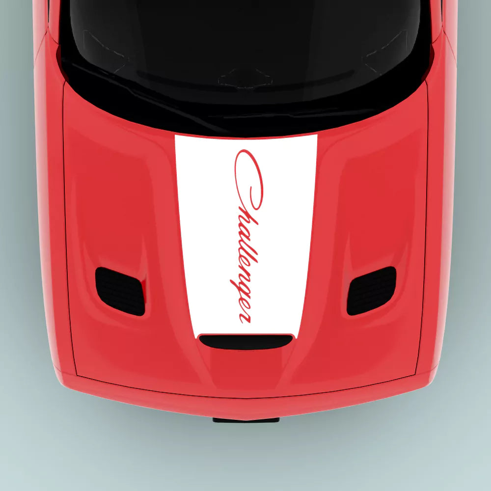 White 2015-2023 Dodge Challenger text hood decal installed on hood