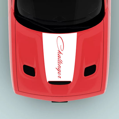 White 2015-2023 Dodge Challenger text hood decal installed on hood